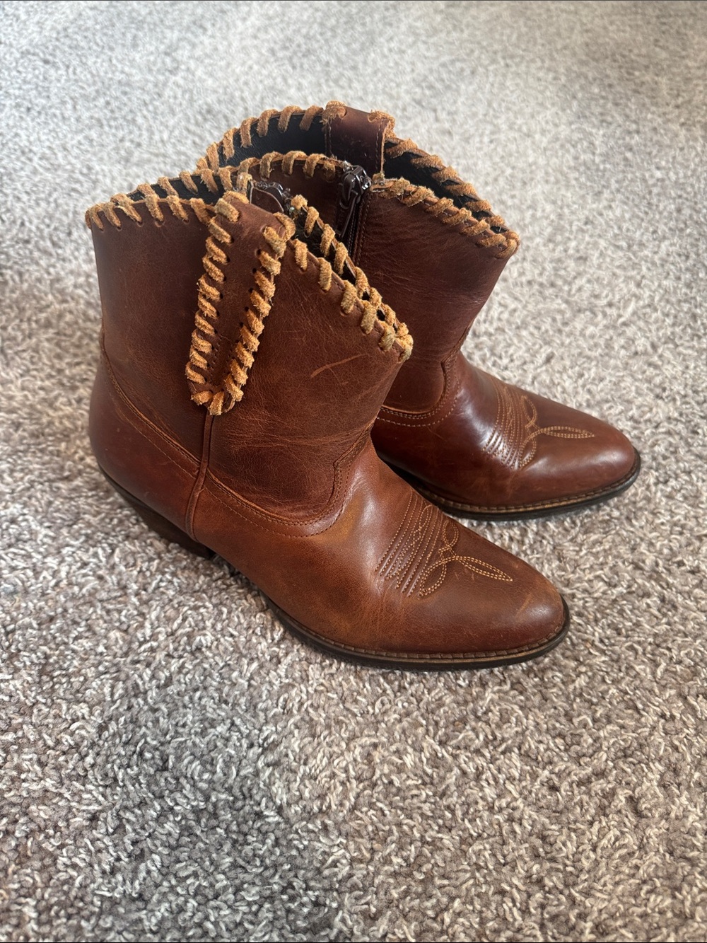 Shyanne Brown Leather Western Ankle Cowboy Boots with Whipstitch Trim